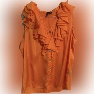 Orange Sleeveless Top with Ruffled neckline. Size Small